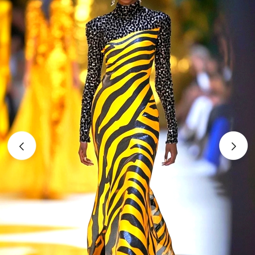 Elegant Yellow and Black Zebra Print Dress with Sequence at the top.
